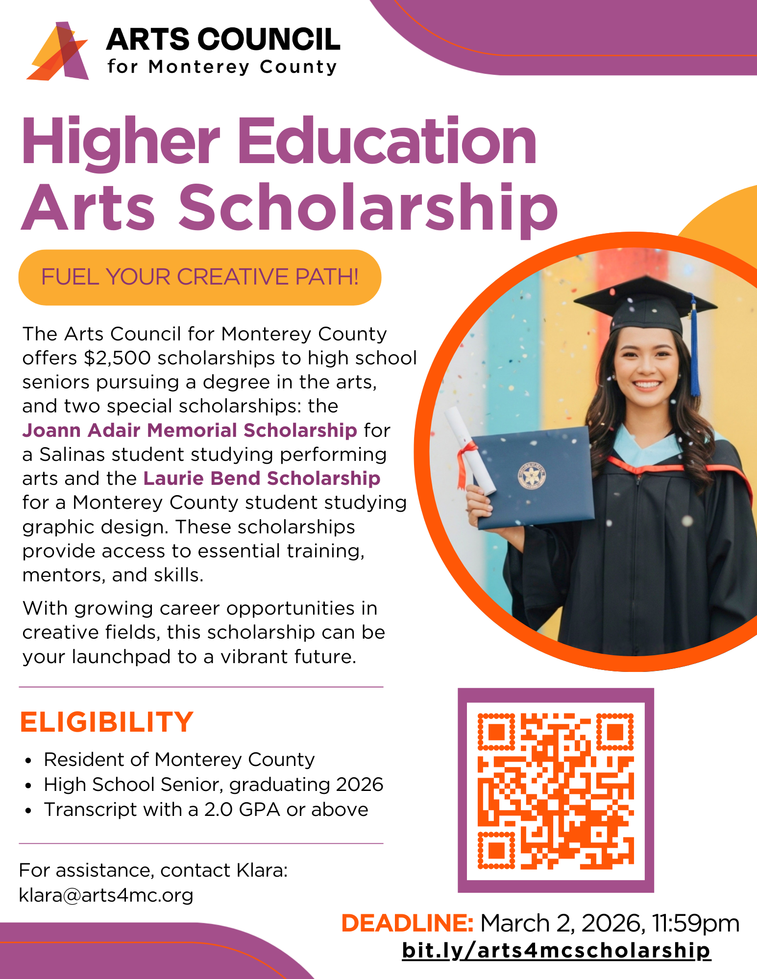 Information page for Higher Education Arts Scholarship
